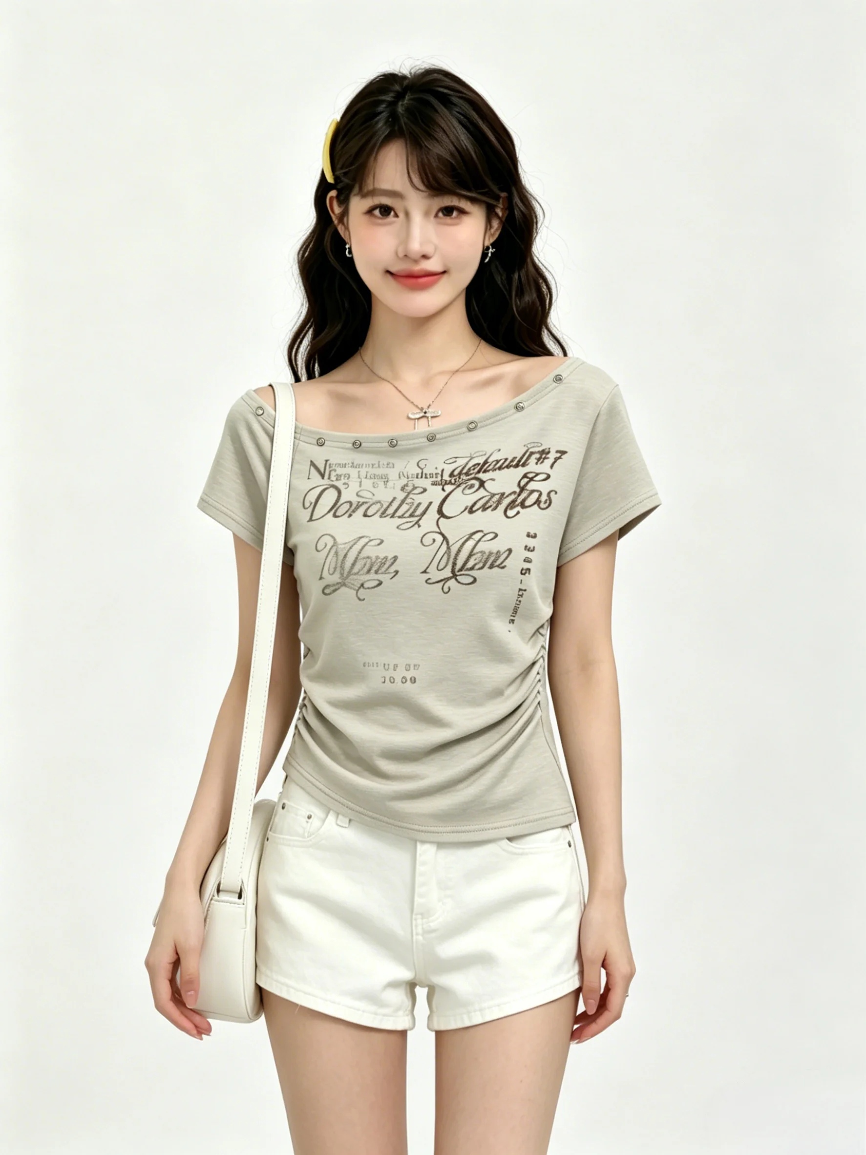 

Korean Style Short Sleeve T-Shirt Women's Summer Slim Fit Pleated Versatile Letter Print Casual Top Breathable Skin-Friendly