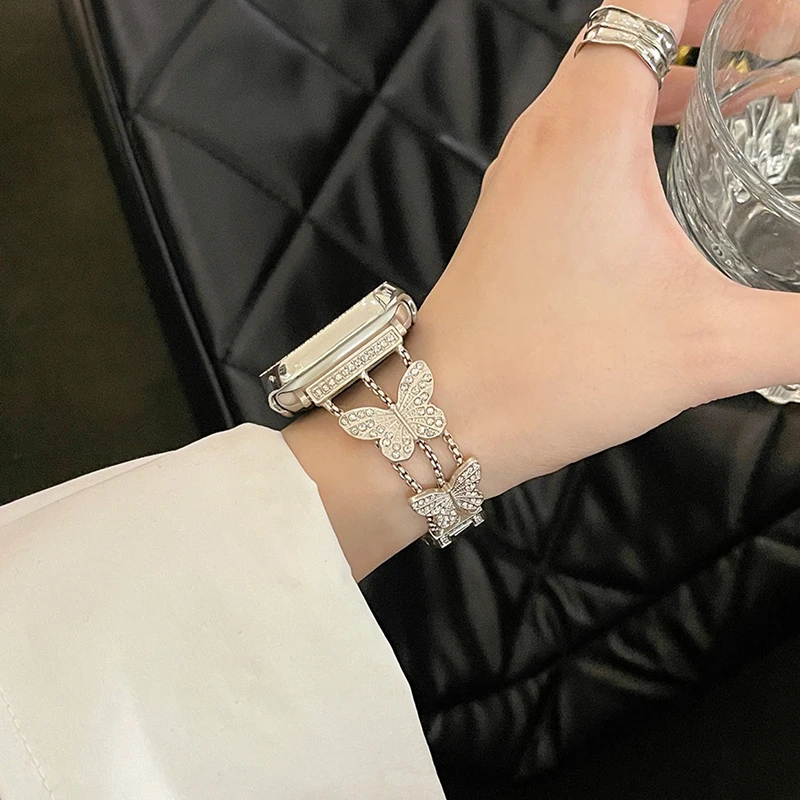 Correa elegante de mariposa con diamantes para Apple Watch Band 42mm 46 38 40 44 41 45 49mm pulsera de mujer iWatch Series Ultra 10 9 8 7 6