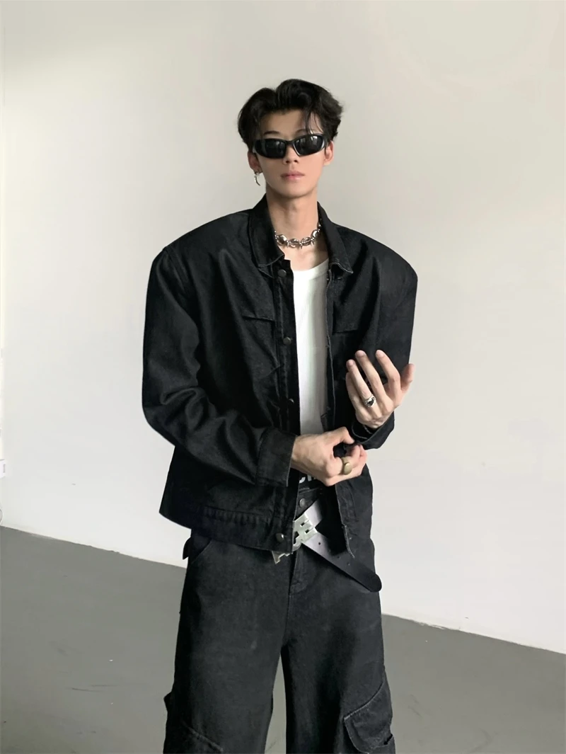 Ace Spring Autumn Men's Fashionable Washed Denim Jacket Shoulder Pad Design Classic Style Youthful Trendy Short Coat Jacket