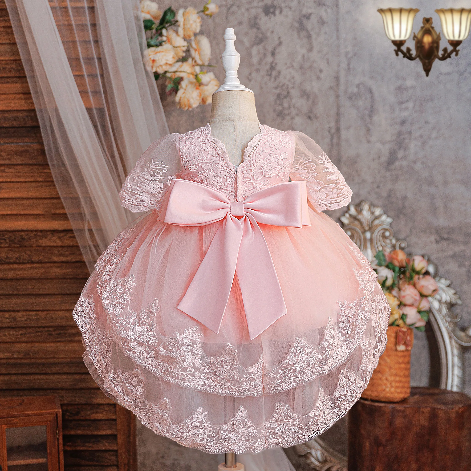 Kleinkind-Spitzenrock mit Schleppe, Mesh-Ballkleid, Elegantes Party-, Tauf-, Geburtstags-, Hochzeits-Prinzessinnenkleid, Mädchen-Brautjungfernkleid, Abschlussballkostüm – Detail 8