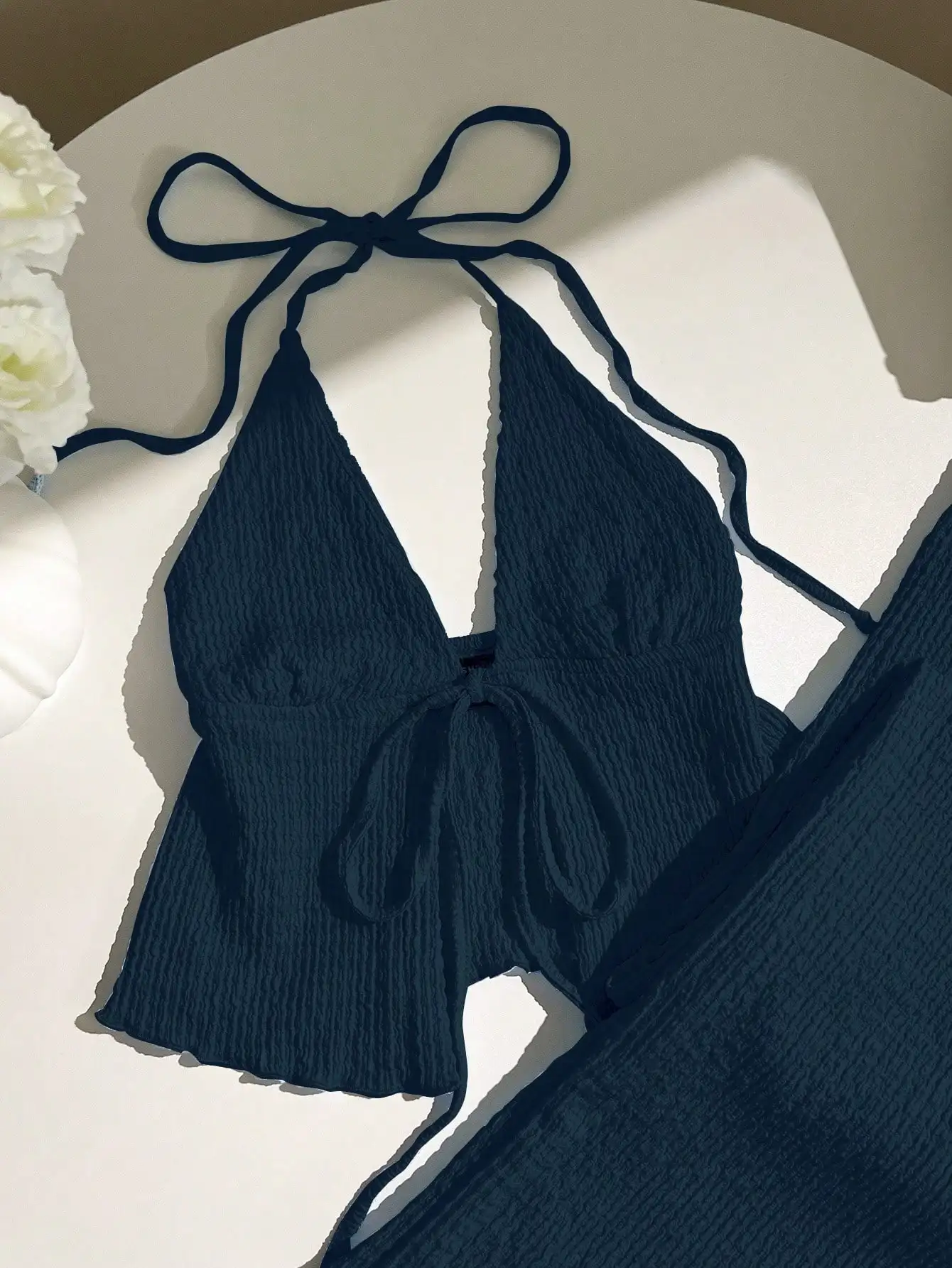 

Textured Pleated Halter Top And Loose Wide Leg Pants Set