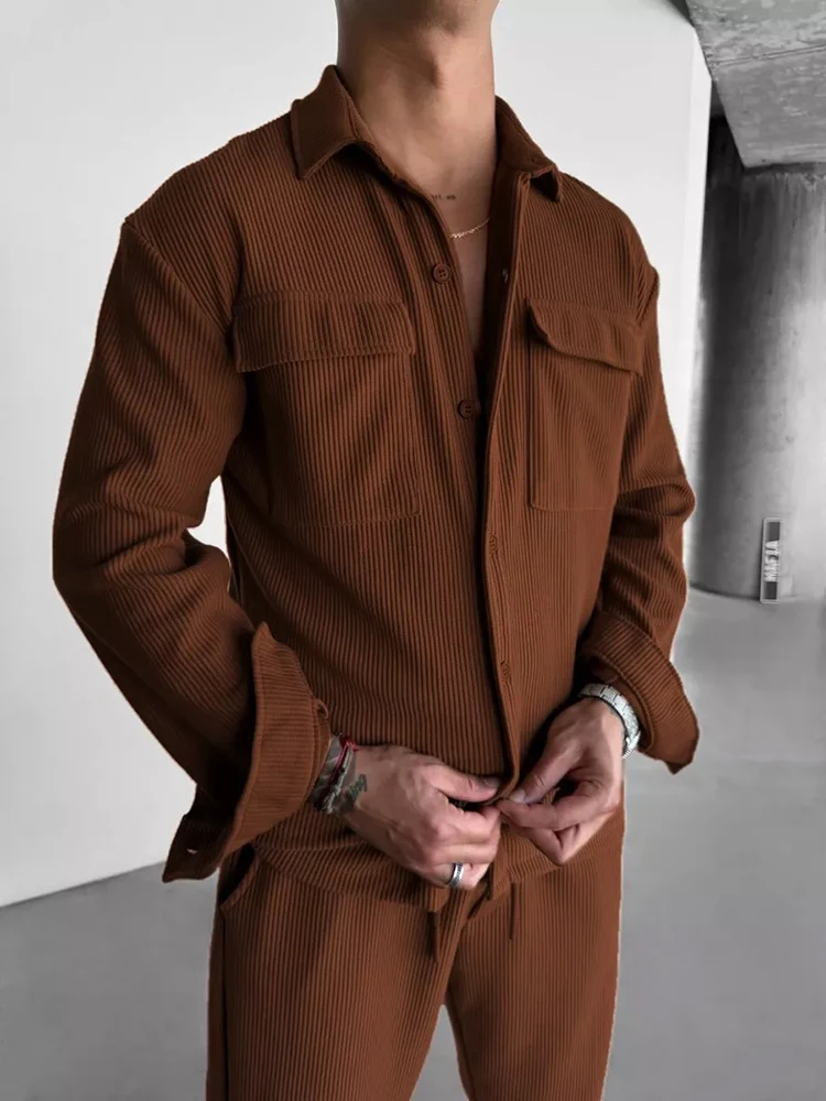 2025 Spring Casual Mens Two Piece Suits Streetwear Men Vintage Solid Color Lapel Corduroy Jacket And Pants Outfits Mens Clothing