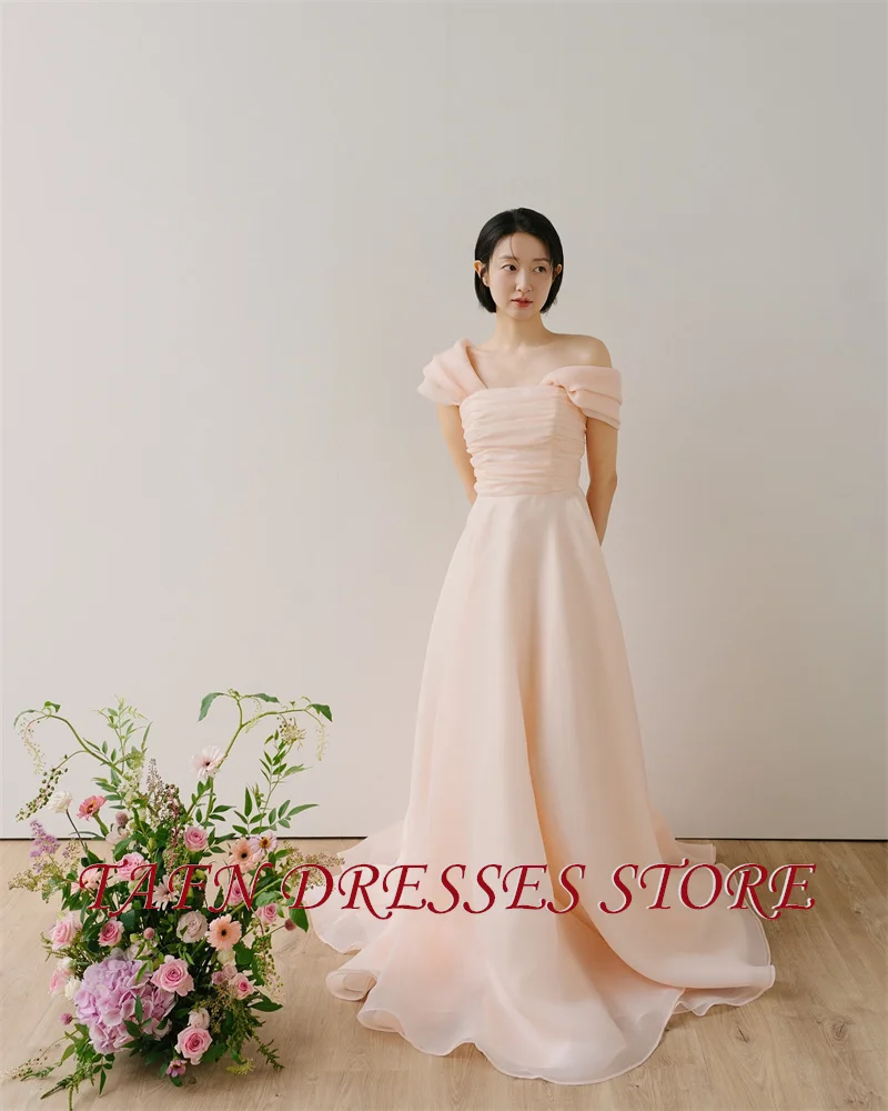 

TAFN Simple Off Shoulder Blush Pink Evening Dresses Korea Wedding Photo shoot Silk Organza Bridal Gowns Corset Back Customized