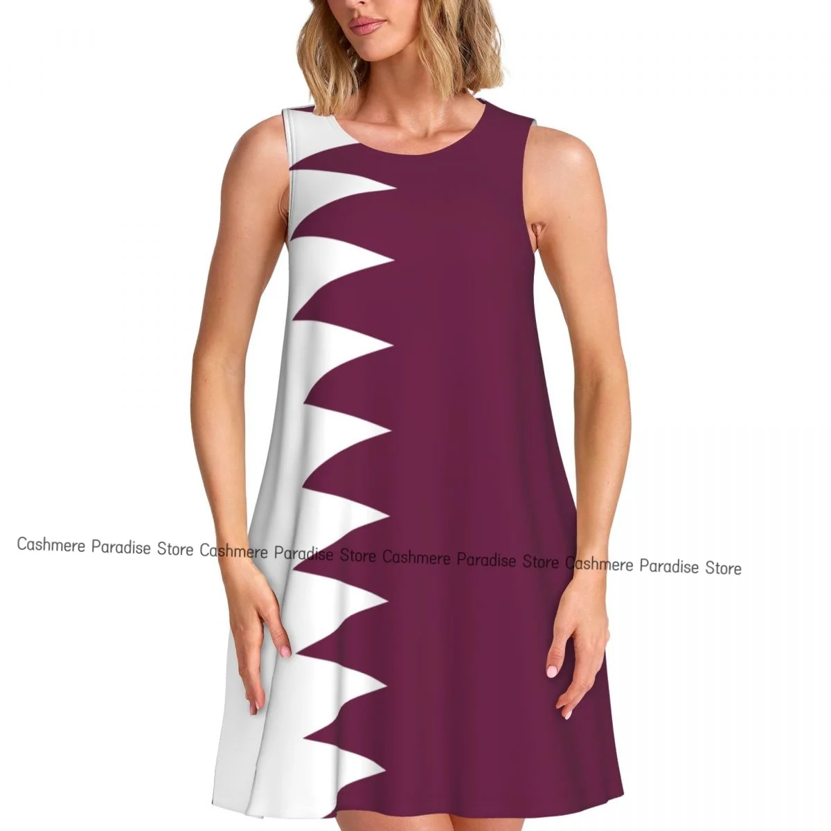 فستان نسائي صيفي كاجوال بعلم قطر فساتين تي شيرت لتغطية الشاطئ فستان بدون أكمام #1