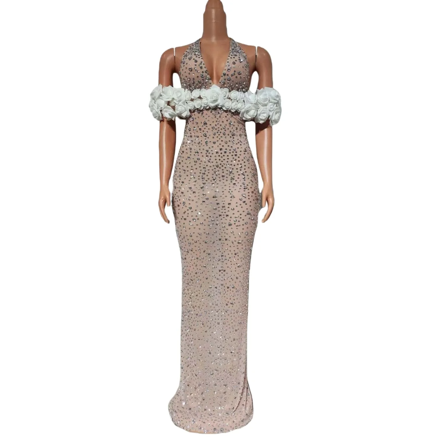 Paomohua Luxus Frauen Kleid Sexy Hals Hängen Rot 3D Blume Eine Schulter Schleppendes Kleid Hochzeit Bankett Geburtstag Neujahr Kleid