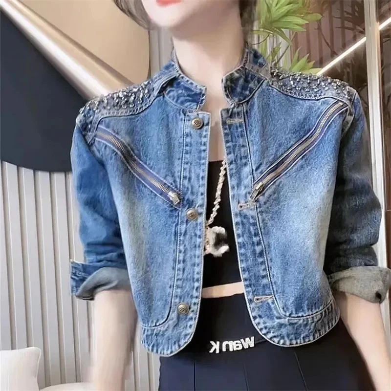 Short Cowgirl Coat Diamond-Encrusted 2024 Women New Denim Jackets Outwear Fashion Spring Autumn Zipper Denim Jacket Female