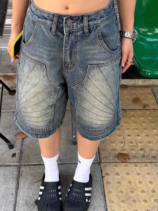 

Retro American Washed Design Straight Leg Five-Quarter Jeans Unisex Summer Trendy Loose Casual Shorts Youth Popular Style