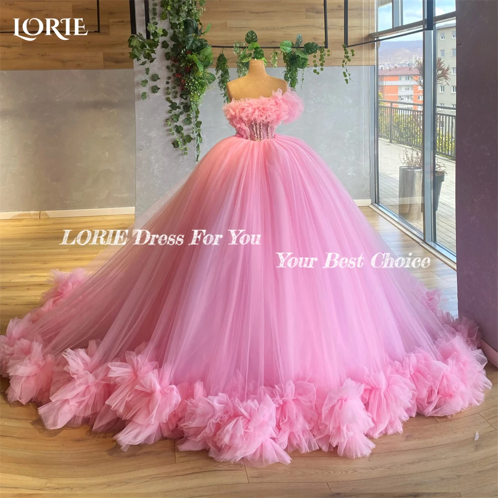 Lorie Baby Roze Tulle Formele Prom Dresses Off Shoulder A-lijn Backless Avondjurk Ruches Bloemen Pageant Wedding Partij Jassen