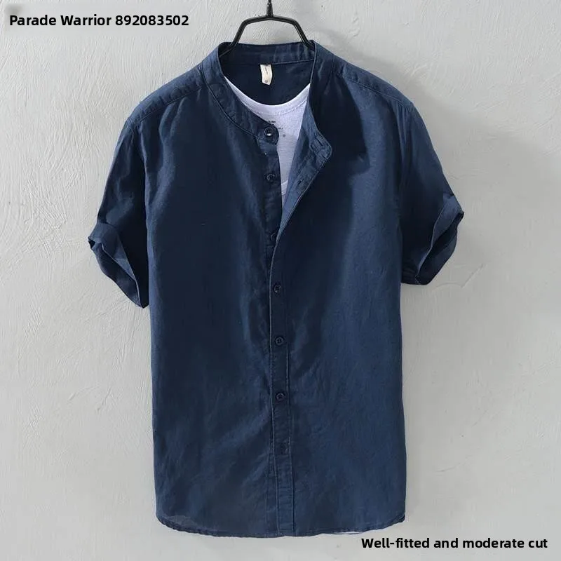 

Loose Fit Linen Short Sleeve Shirt Men's Stand Collar Breathable Thin Cotton Linen Casual Versatile Deep Blue Simple Japanese...