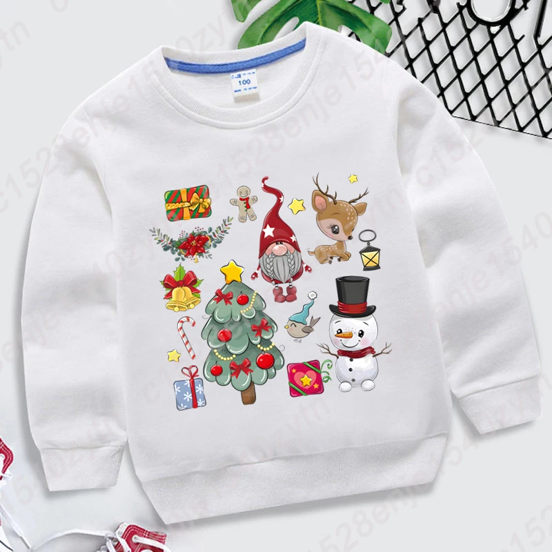 Christmas Reindeer Santa Claus Snowman Print Pullovers Kids Casual Sports Hoodeless Sweatshirt Children Pure Color Oversize Tops