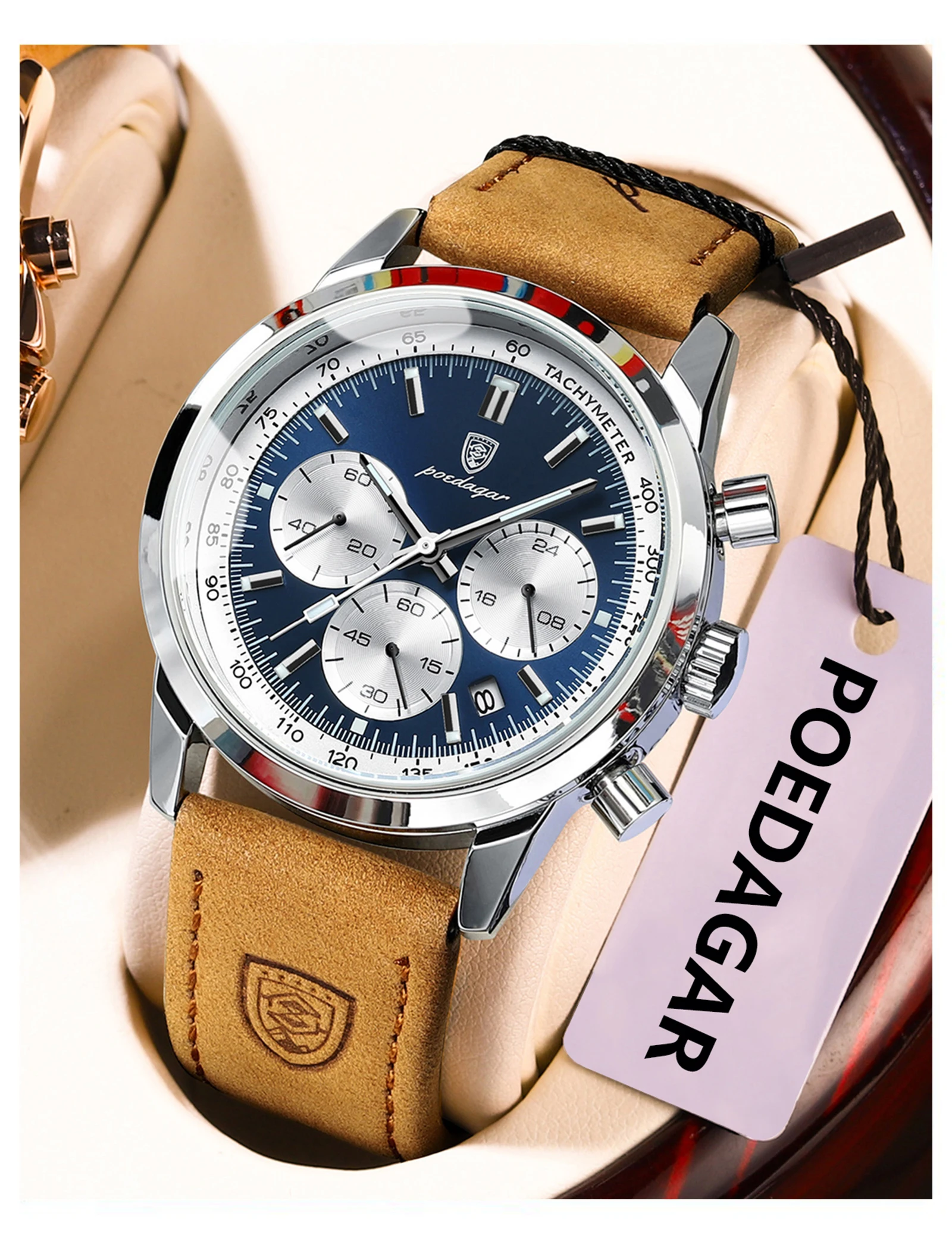 POEDAGAR Mode herren Uhr Wasserdicht Leucht Leder Military Mann Armbanduhr Chronograph Quarz Luxus Uhren Für Männer Reloj – Detail 15