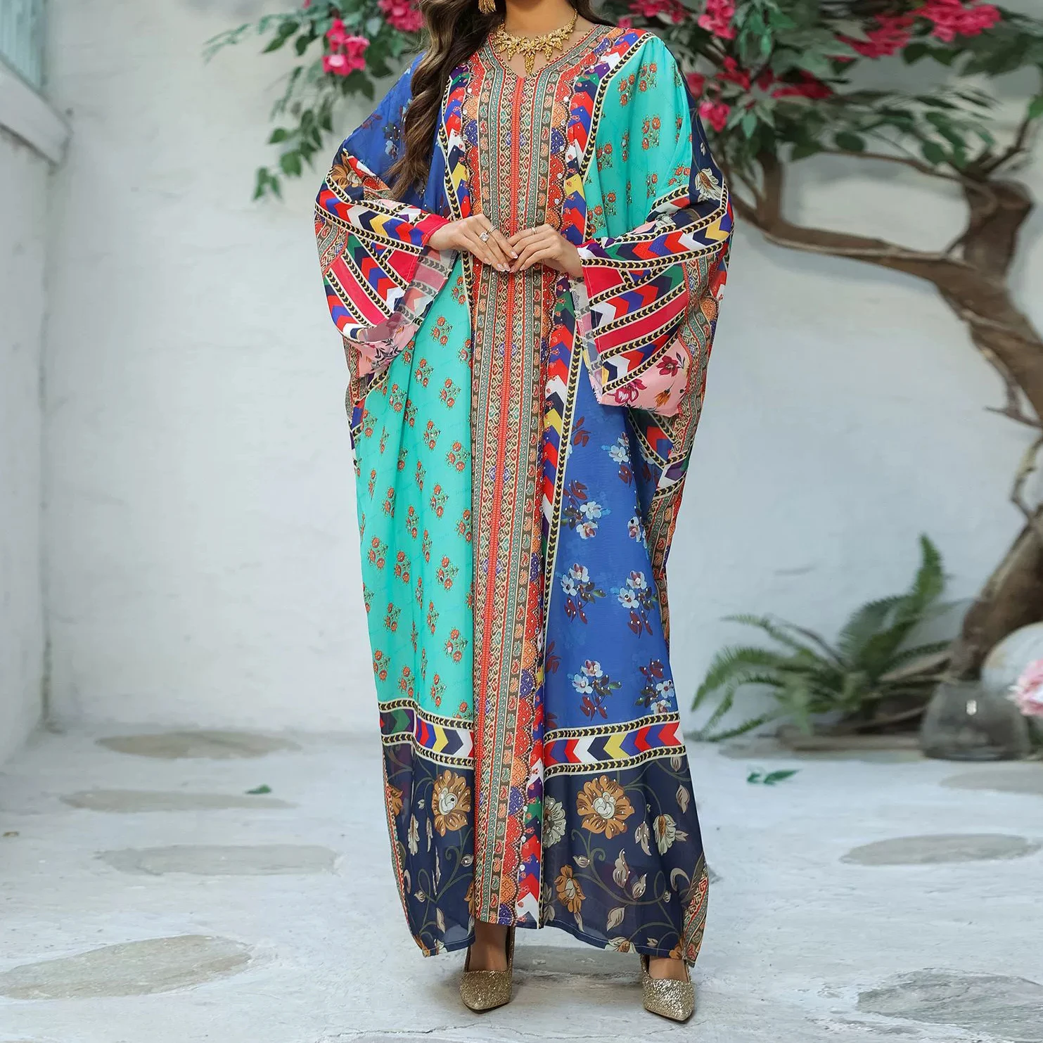 

New Middle Eastern women's print rhinestone dress large-size pullover robe-GZXX582