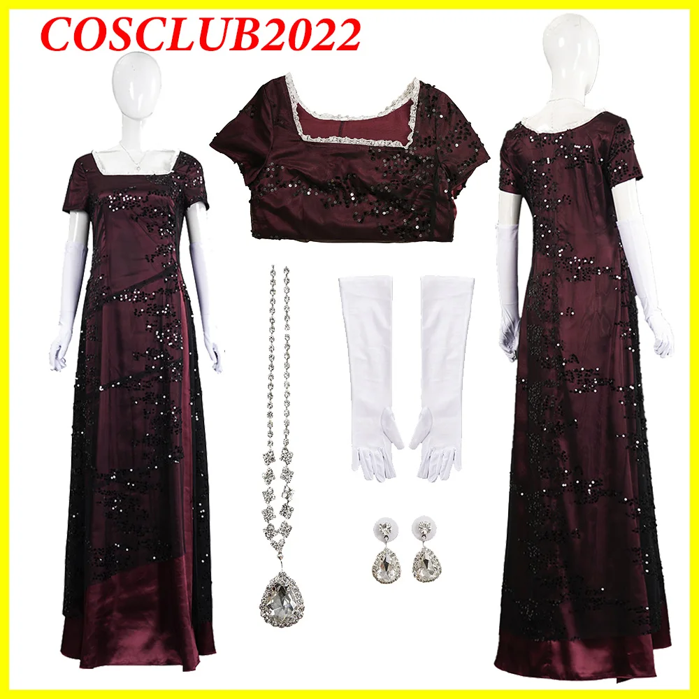 

Rose Cos DeWitt Bukater Cosplay Wine Red Dress Necklace Gloves Earrings Costume Set Women Outfits Halloween Carnival Party Suit