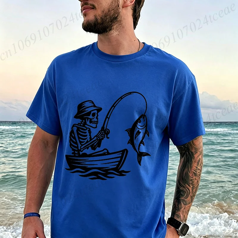 Vintage Skeleton Fisherman Print T-shirt Unisex Skull Boat Sea Fish Fishing Graphic Tee Beach Casual Shirts for Fishermen Gifts