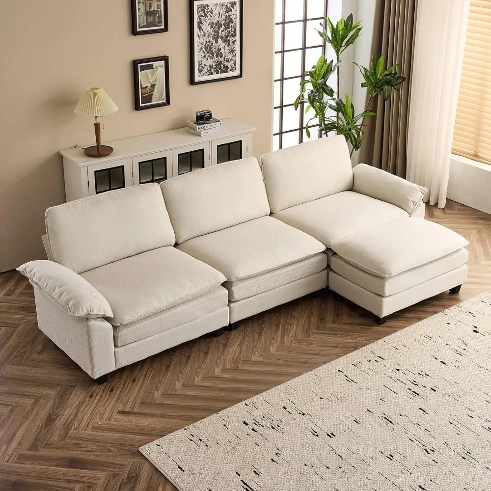 

121-дюймовый диван Deep Cloud, ленивый модульный секционный диван для гостиной, современный льняной 3-местный раскладной двухместный диван с 1 пуфом