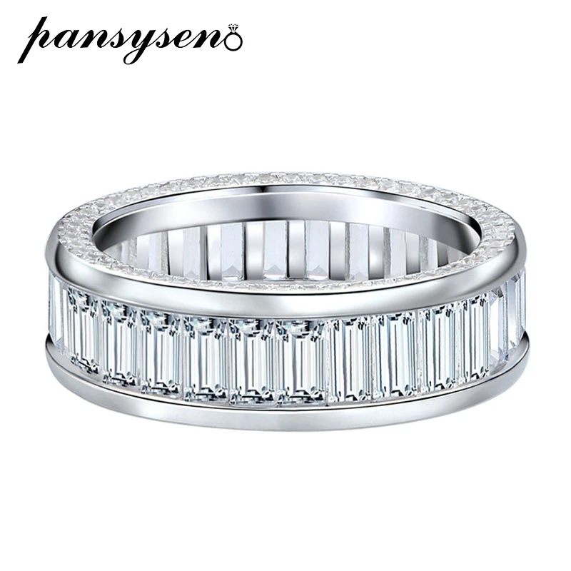 PANSYSEN 100% 925 Sterling Silver Emerald Cut Full Circle High Carbon Diamond Couple Rings for Women Wedding Party Fine Jewelry