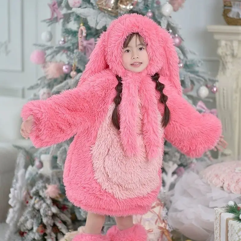 Girl Little Rabbit Winter Clothing Suit Fleece-Lined Thicken Cute Keep Warm Rabbit Ears Tops Skirt Sock Sleeves Four-Piece Set