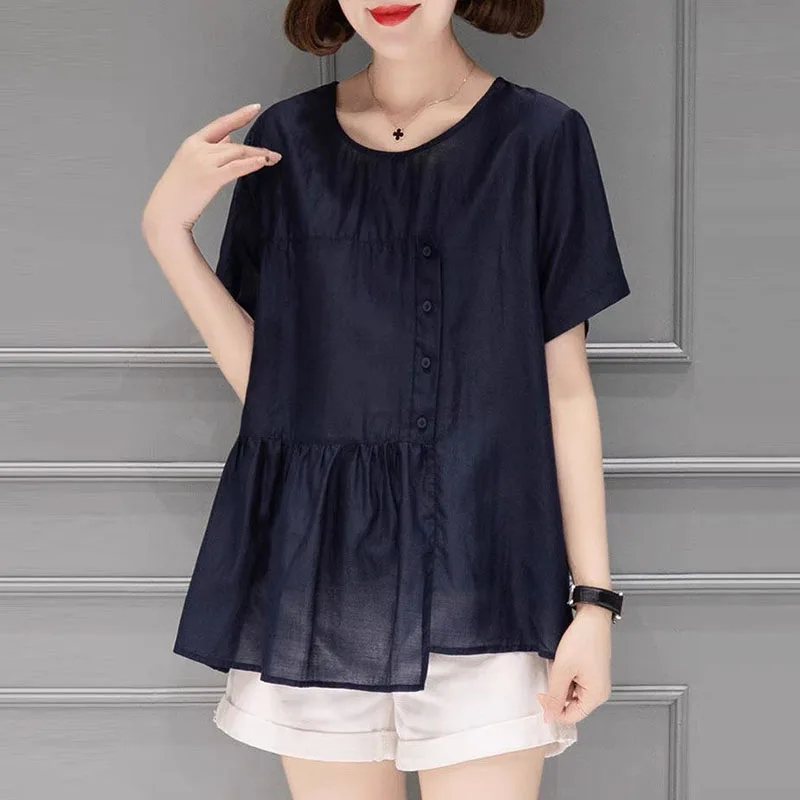 Fashion Spliced Button Folds Irregular Blouse Women\'s Clothing 2023 Summer New Casual Pullovers Loose Asymmetrical Shirt