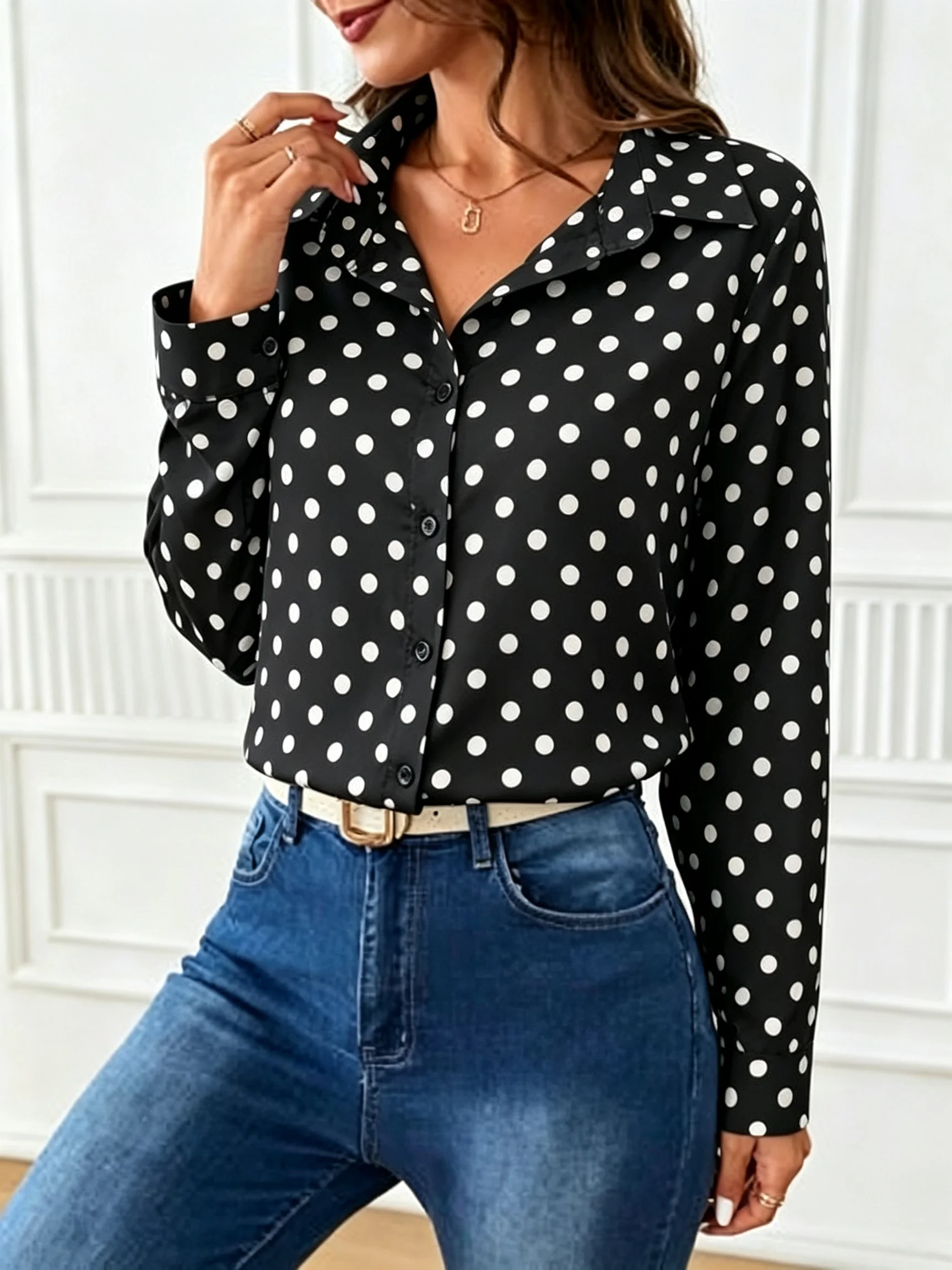 Retro-Französisches Polka-Dot-Hemd mit gekerbtem Kragen, einreihiges Langarm-Oberteil – Detail 3