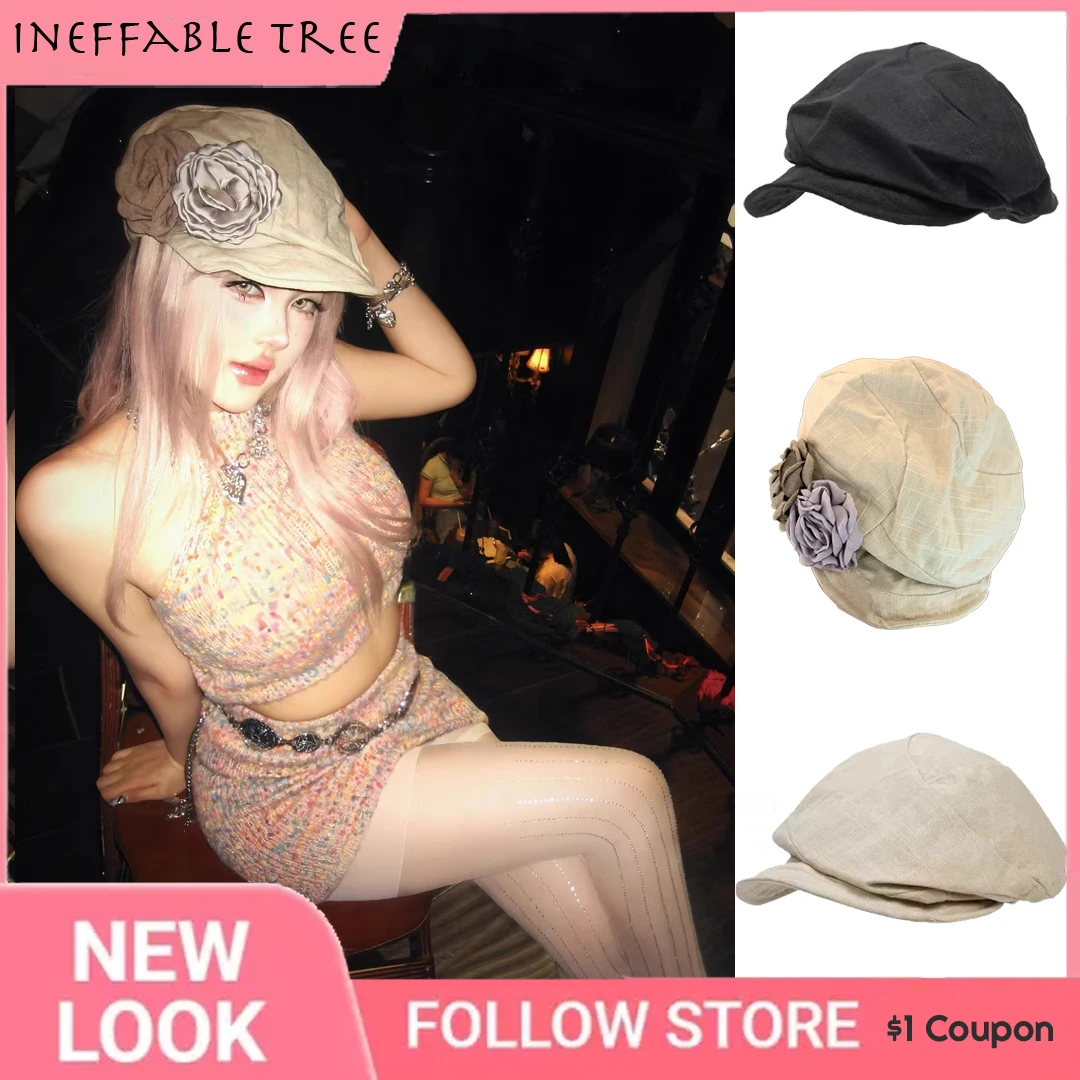 

Y2K Harajuku Retro Oversized Flower Linen Berets Haps for Women Spring Summer Versatile Casual Short-brimmed Newsboy Casquette
