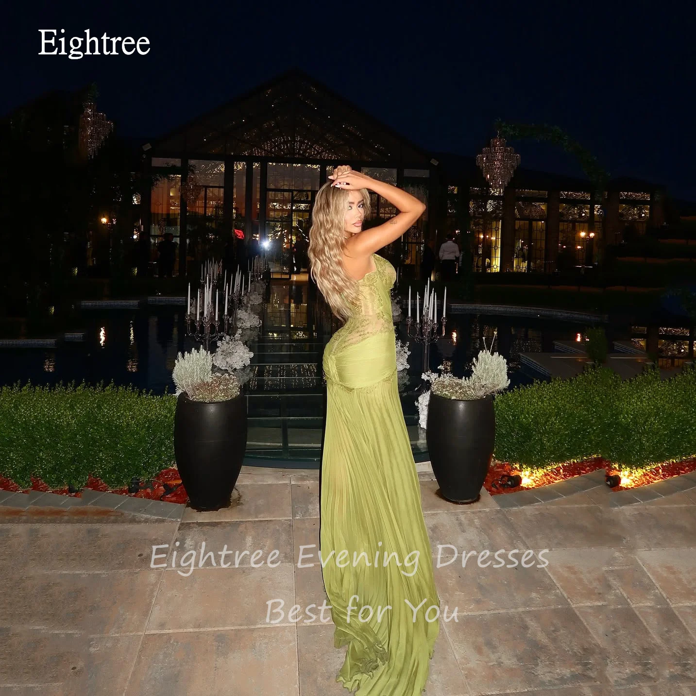 Eightree براقة الرسن الخردل الأخضر الحفلة الراقصة عارية الذراعين حورية البحر حزب رسمي ثوب الطابق طول مساء اللباس مخصص