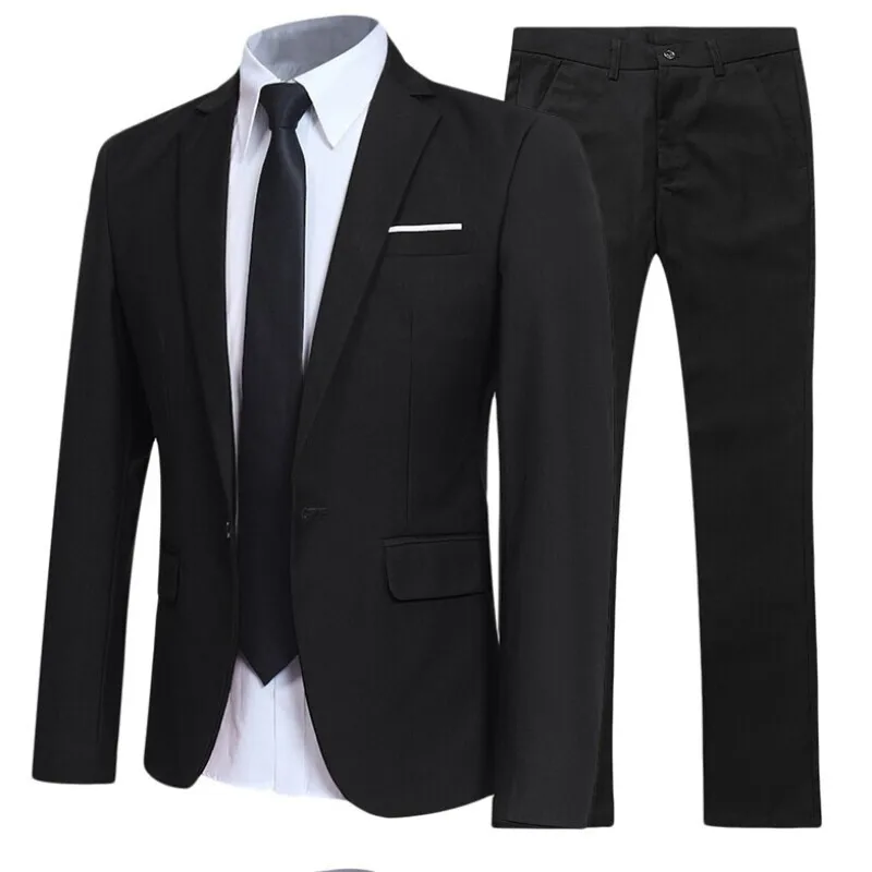 Men\'s Black Elegant Suits+Pants Slim Fit Single Button Lapel Pockets Blazer Party Formal Business Dress Suit Male Wedding Set