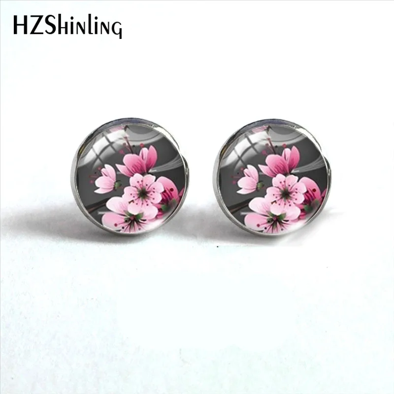 2023 New Japanese Flowers Stud Earring Sakura Round Earrings Handmade Glass Dome Photo Printed Jewelry Gifts