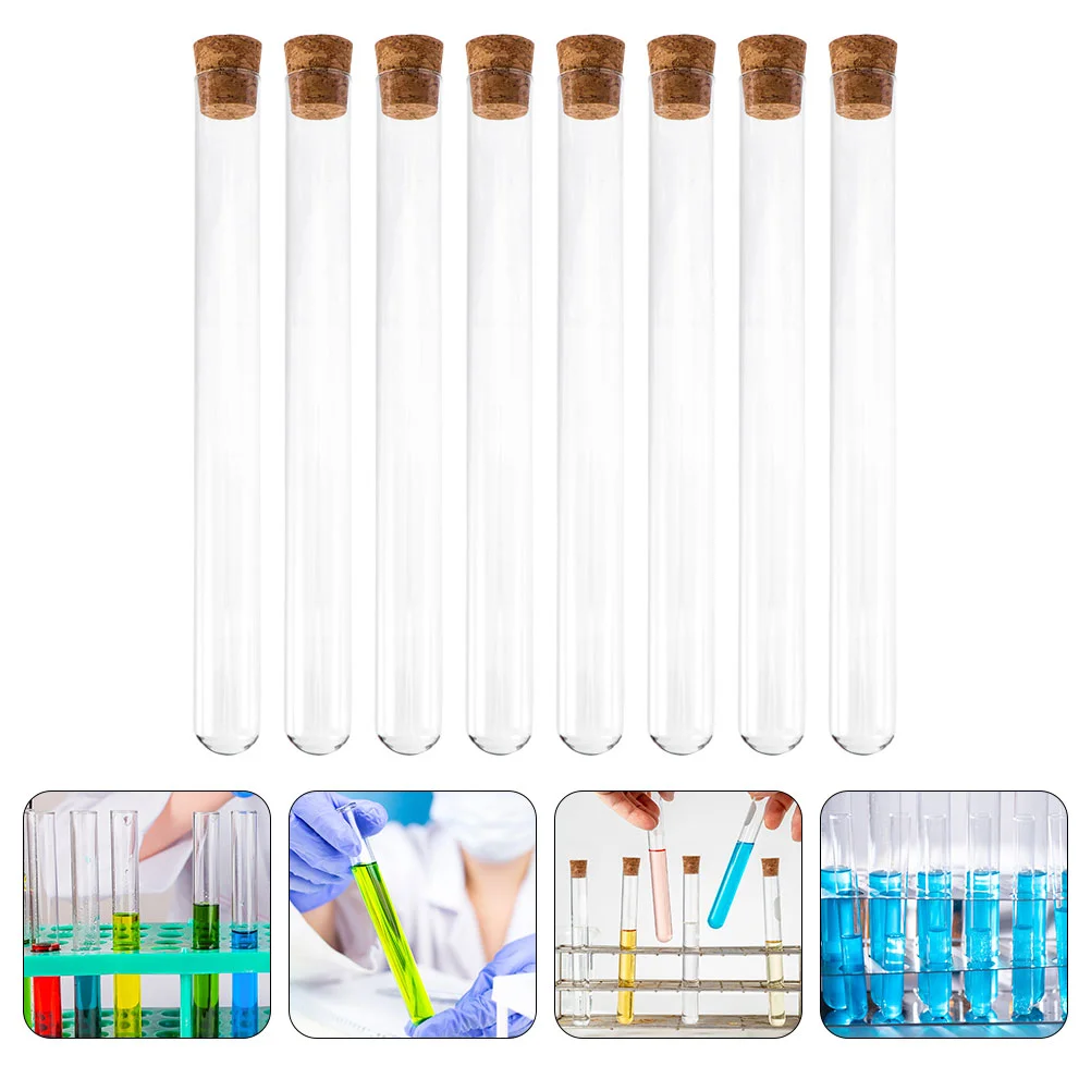 Tubo de ensaio de vidro transparente, 8 peças, amostra transparente com recipiente de armazenamento de cortiça, plugues de laboratório líquido, ciências