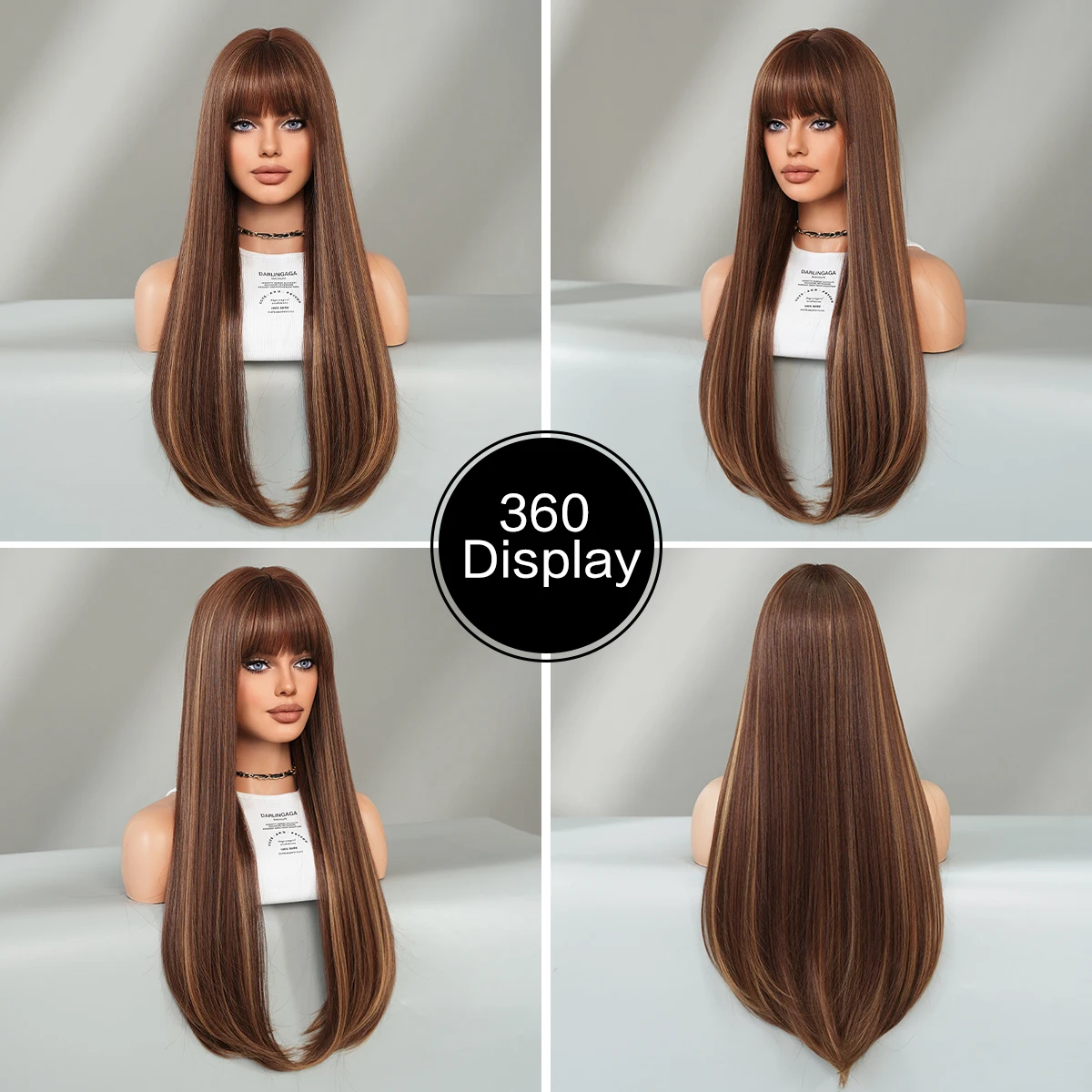 7JHH WIGS Long Straight Light Brwon Wigs with Neat Bangs High Density Synthetic Heat Resistant Hair Wig for Women Daily Party