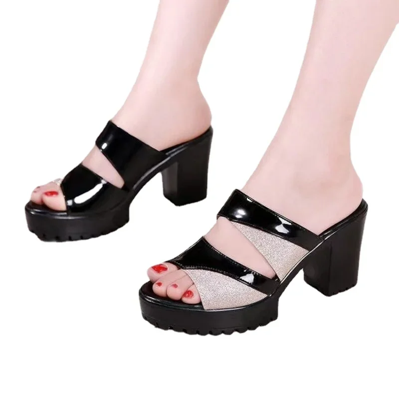 Women Retro Sandals  Summer High Heel Platform Slippers Woman Fashion Outdoor Bright Leather Comfort Peep Toe Casual Sandals