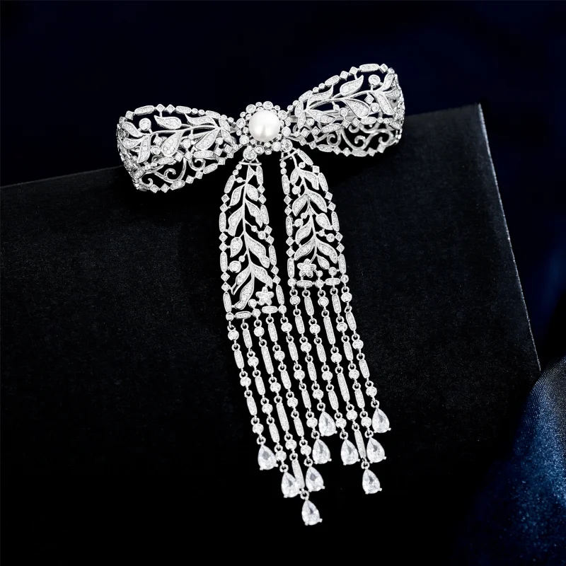 Elegant Luxury Jewelry Cubic Zircon Tassel Brooch Shiny Bow Brooches Temperament Freshwater Pearl Bowknot Pin Women's Accessorie