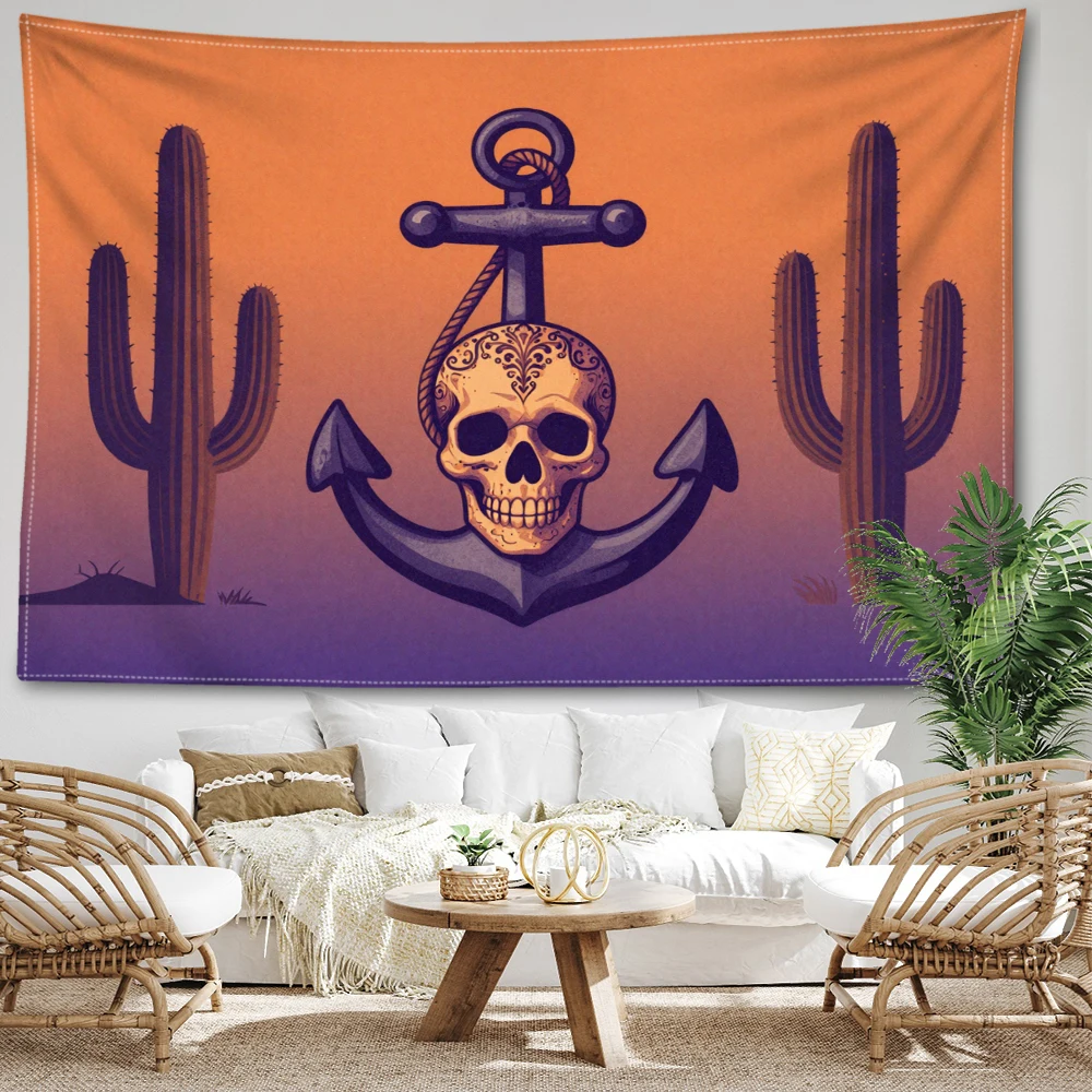 Purple Orange Gradient Anchor Skull Cactus Wall Tapestry, Gothic Boho Decor