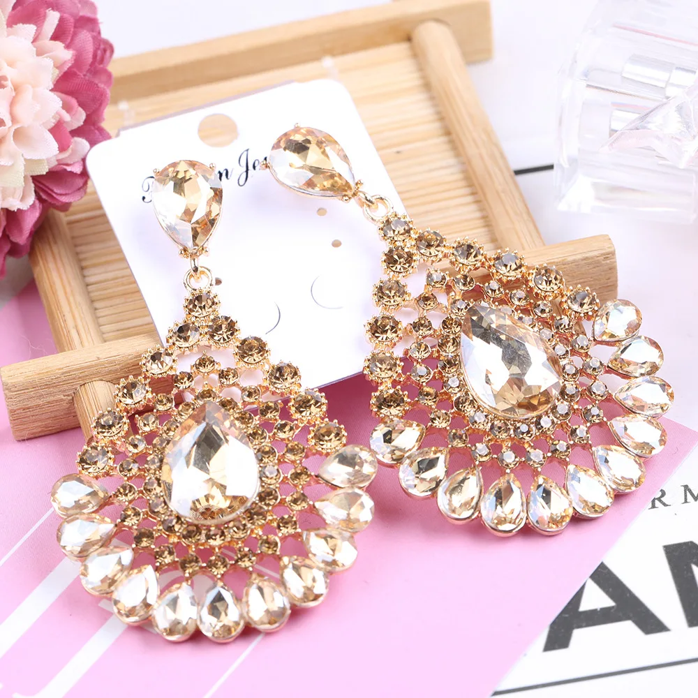 Prom Party Jewelry Accessories Gold Color Hollow Out Long Crystal Rhinestone Champagne Chandelier Earrings for Women