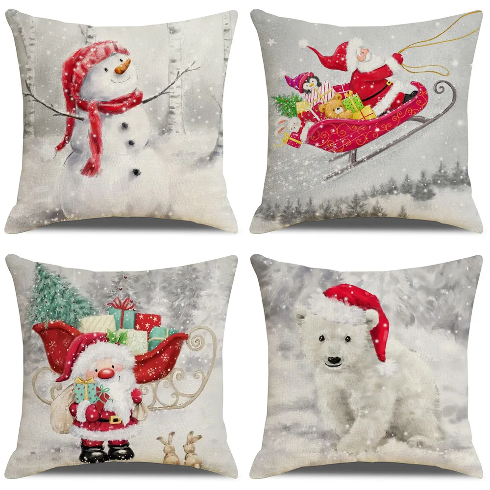 Home Decor Christmas Cushion Cover Watercolor Snowman Santa Sleigh Print  Polyester Pillowcase funda de almohada