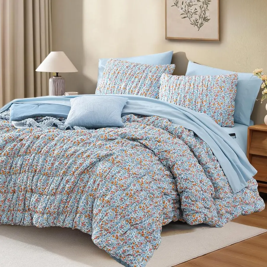 

Comforter Set 7 Pieces Blue Classic Puff Floral Bedding Sets for All Seasons, Shabby Chic Farmhouse Bed in a Bag Queen with Wild
