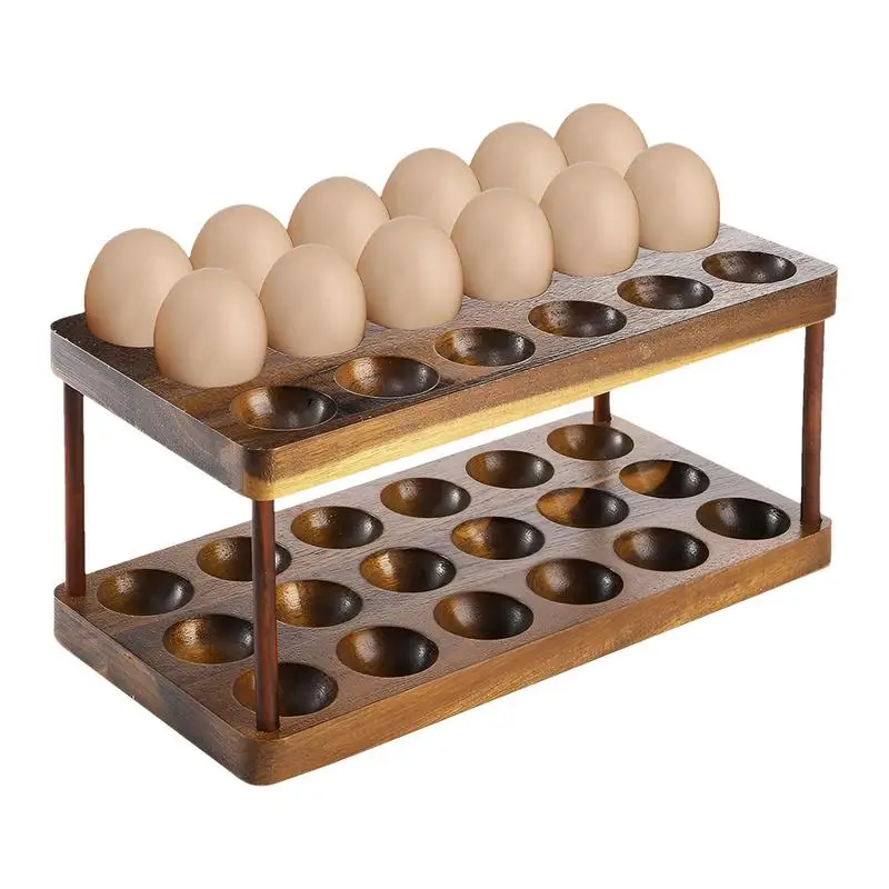 

2 Tier Egg Solid Wood Egg Tray For Countertop Large Capacity Kitchen Egg Organizer Space Saving Egg Tray Basket for kitchen