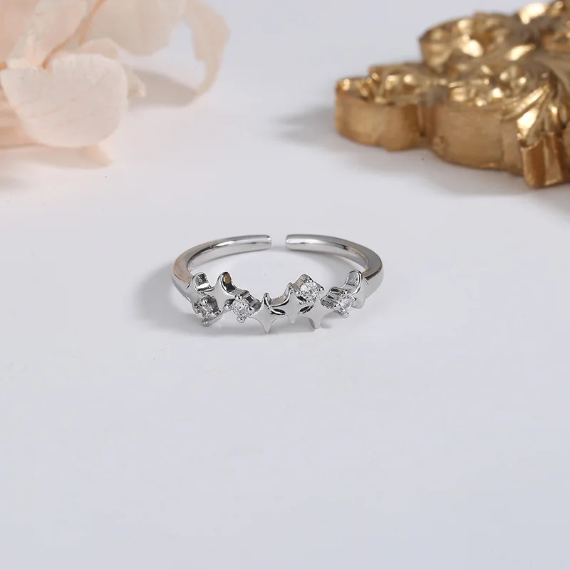 PANJBJ 925 Sterling Silber Vierzackiger Stern Glänzender Zirkon-Ring Hochwertiger Personalisierter Verstellbarer Schmuck – Detail 17