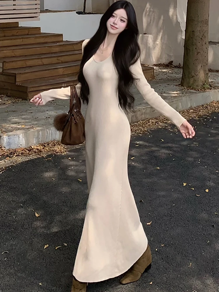 2025 جديد مخطط محبوك شيك ضمادة فستان ماكسي المرأة الكورية خمر Bodycon فستان فاخر الخريف الشتاء فساتين سترة أنيقة #6