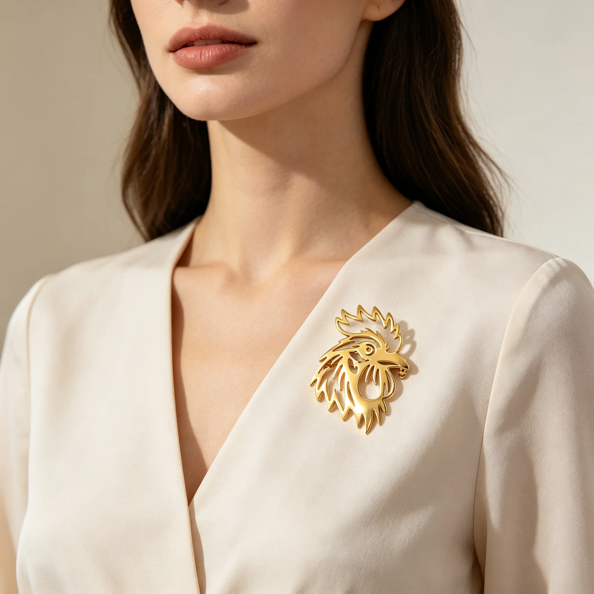 Rooster Head Brooch 18K Gold Plated Hollow Metal Lapel Pin Vintage Animal Brooch for Women Blazer Coat Scarf Business Banquet