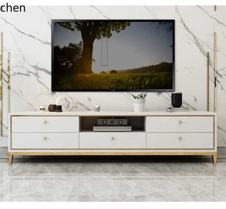 

HXL light luxury furniture TV cabinet coffee table combination white tempered glass paint storage metal floor cabinet