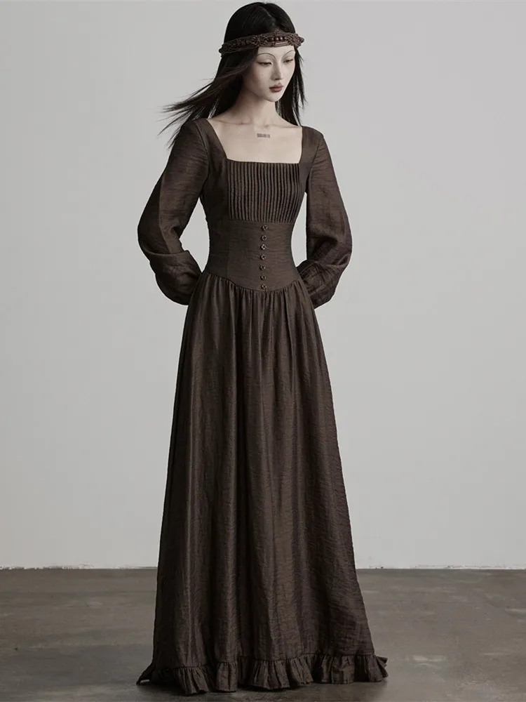 85-93cmBust SpringAutumn Maxi Dresses Women Vintage Elegant Square Neck Dress with Flare Sleeves and Cinched Waist Ruffles Dress
