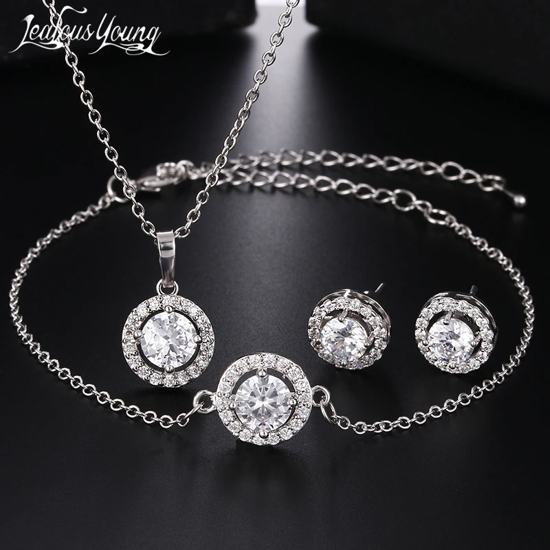 2018 Classic Round Zirconia Earings Bracelet and Necklace Jewelry Sets For Women Silver Color Nigerian Wedding Jewelry Set AS158