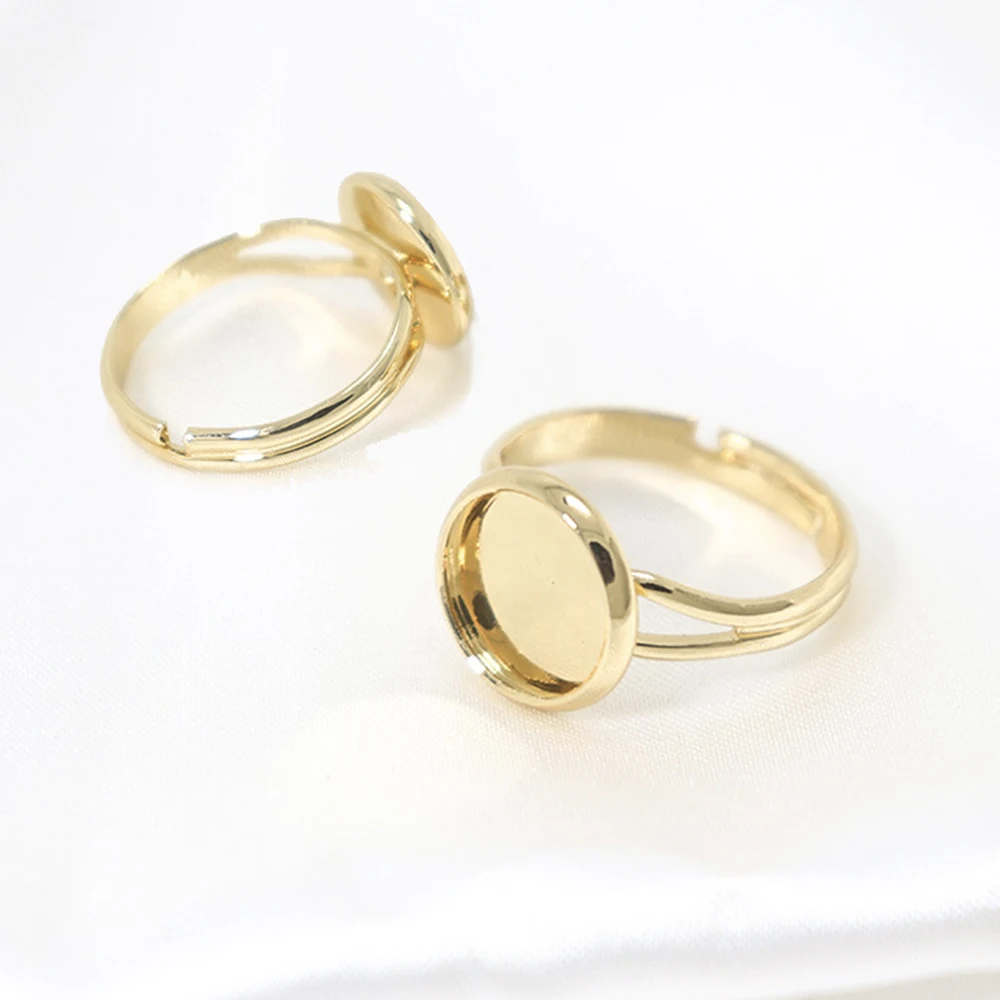 3Pcs Brass 14K Gold Plated Adjustable Glue on Ring Base Setting Flat 12mm Round Blank Bezel Tray For Diy Statement Ring Jewelry