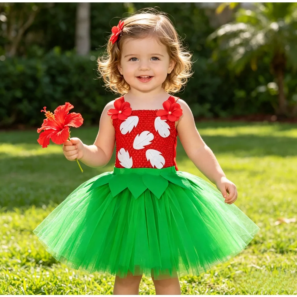 Green Leaf Tutu Skirt Set Kids Princess Costume Party Dress Up Outfit with Garland Flower Headband Casual Ballet Tutu Clothes