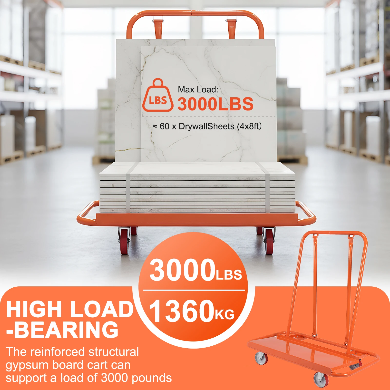 

Heavy Duty Drywall Sheet Cart Detachable Stone Marble Handling Vehicle Large Capacity for Delivery Driver/Mover