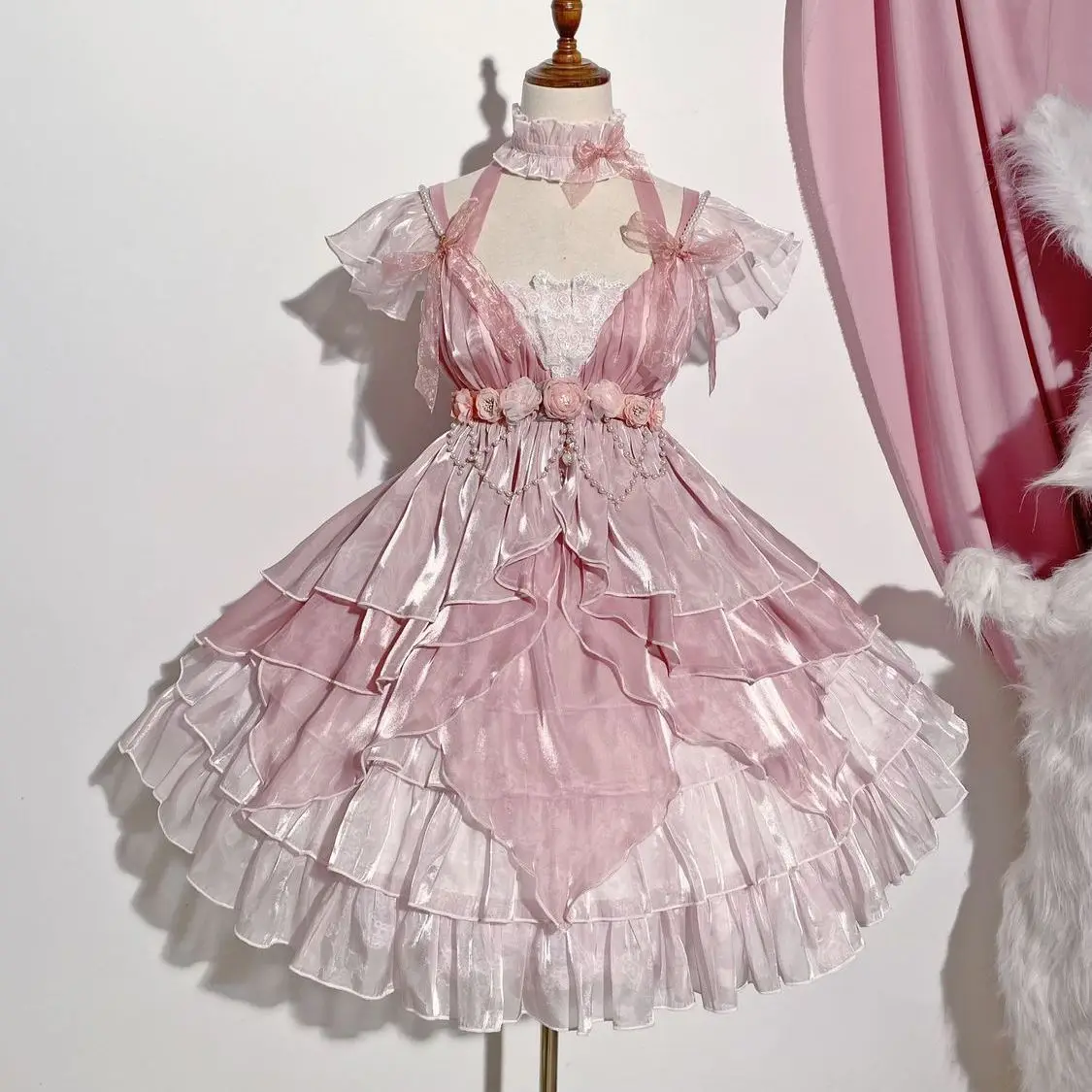 

MAGOGO Pink Lolita Mini Dress Women Summer Elegant Flower Bow Sleeveless Sweet Fairy Dress Birthday Party Dresses For Young Girl