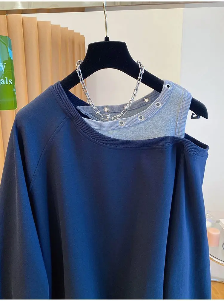 Fake Two Piece Casual Oversized Off Shoulder Sweatshirt Tops Women Designer Hollow Out Sweatshirt Fall Hoodie Jacket Outwear