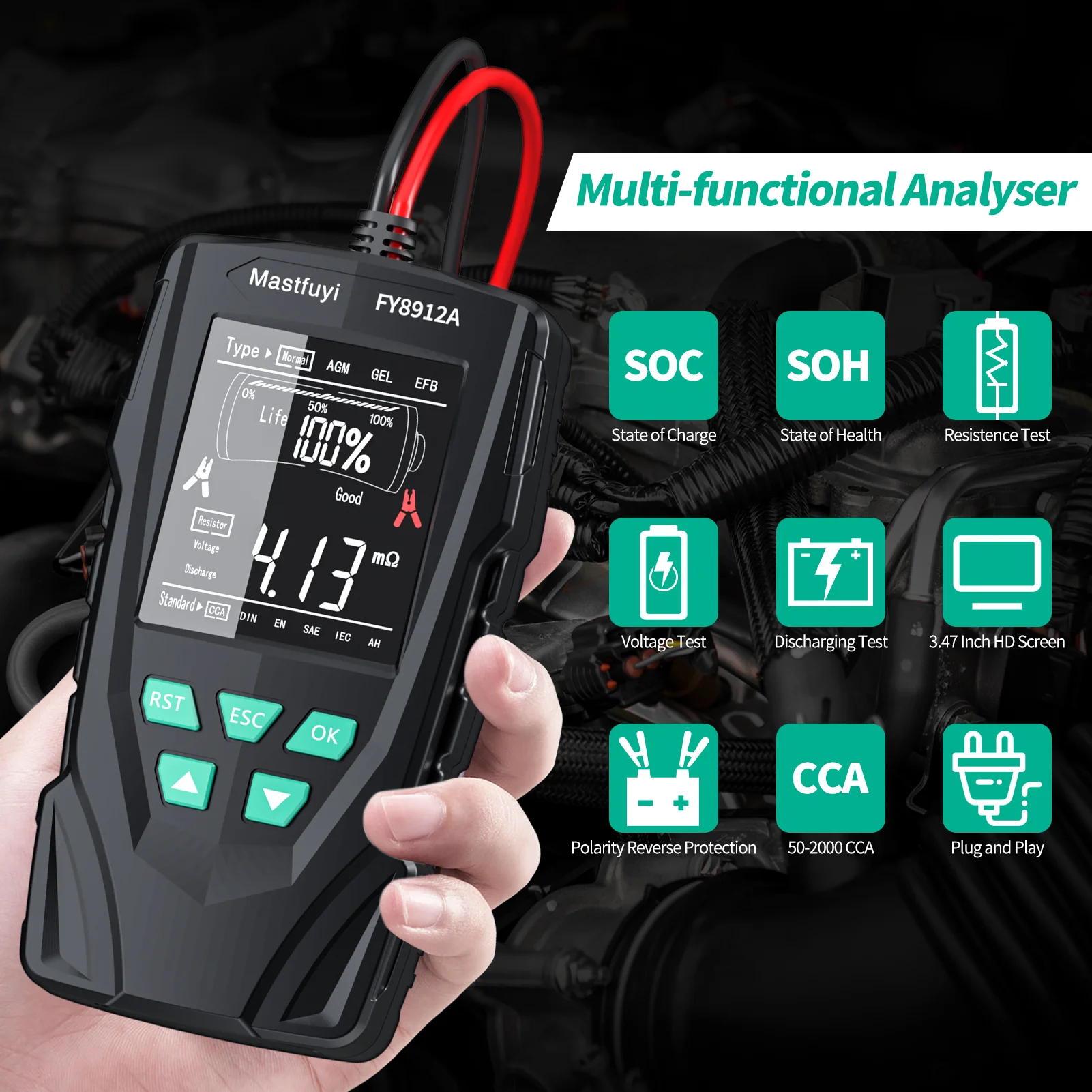 MASTFUYI FY8912A Car Automotive Battery Tester 12V/24V Battery System Analyzer 50-2000CCA Comprehensive Diagnostics Test Tools