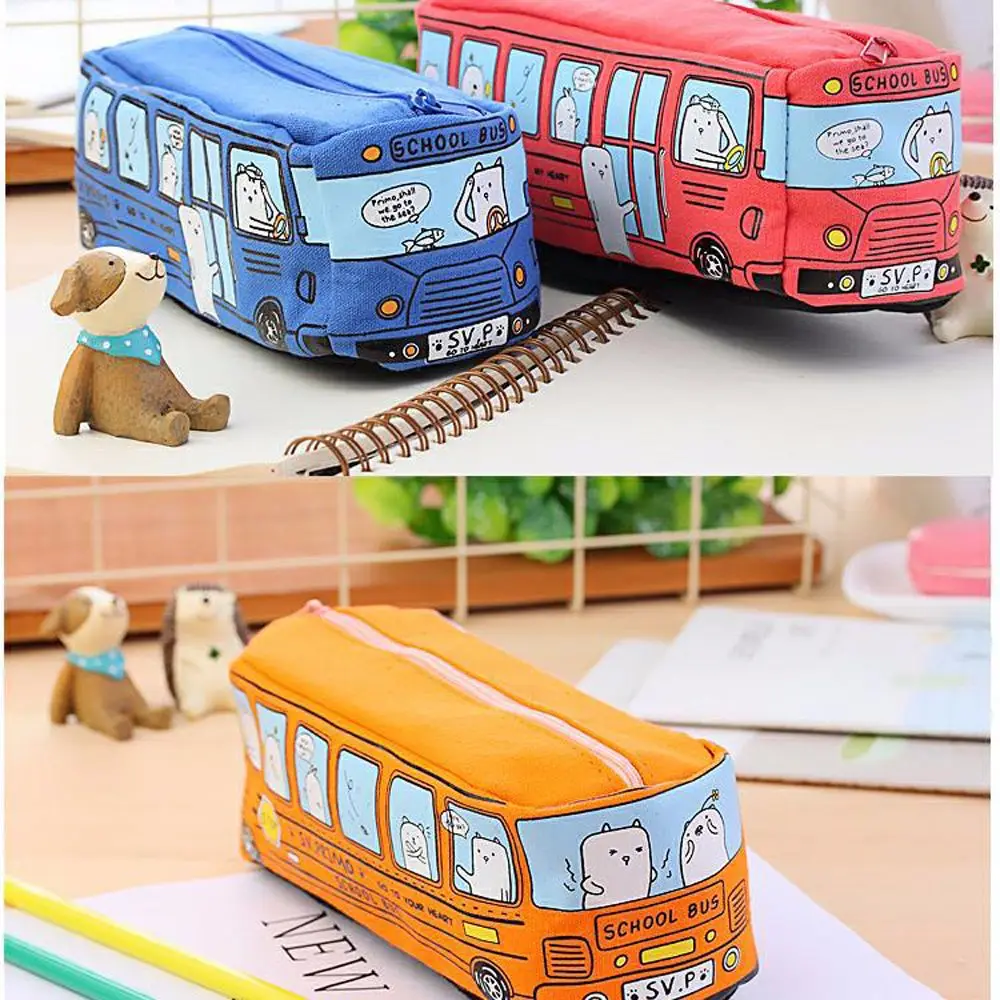 Creative School Supplies Cartoon Animal Pencil Bag School Bus Shape Pencil Case Canvas Pen Bag