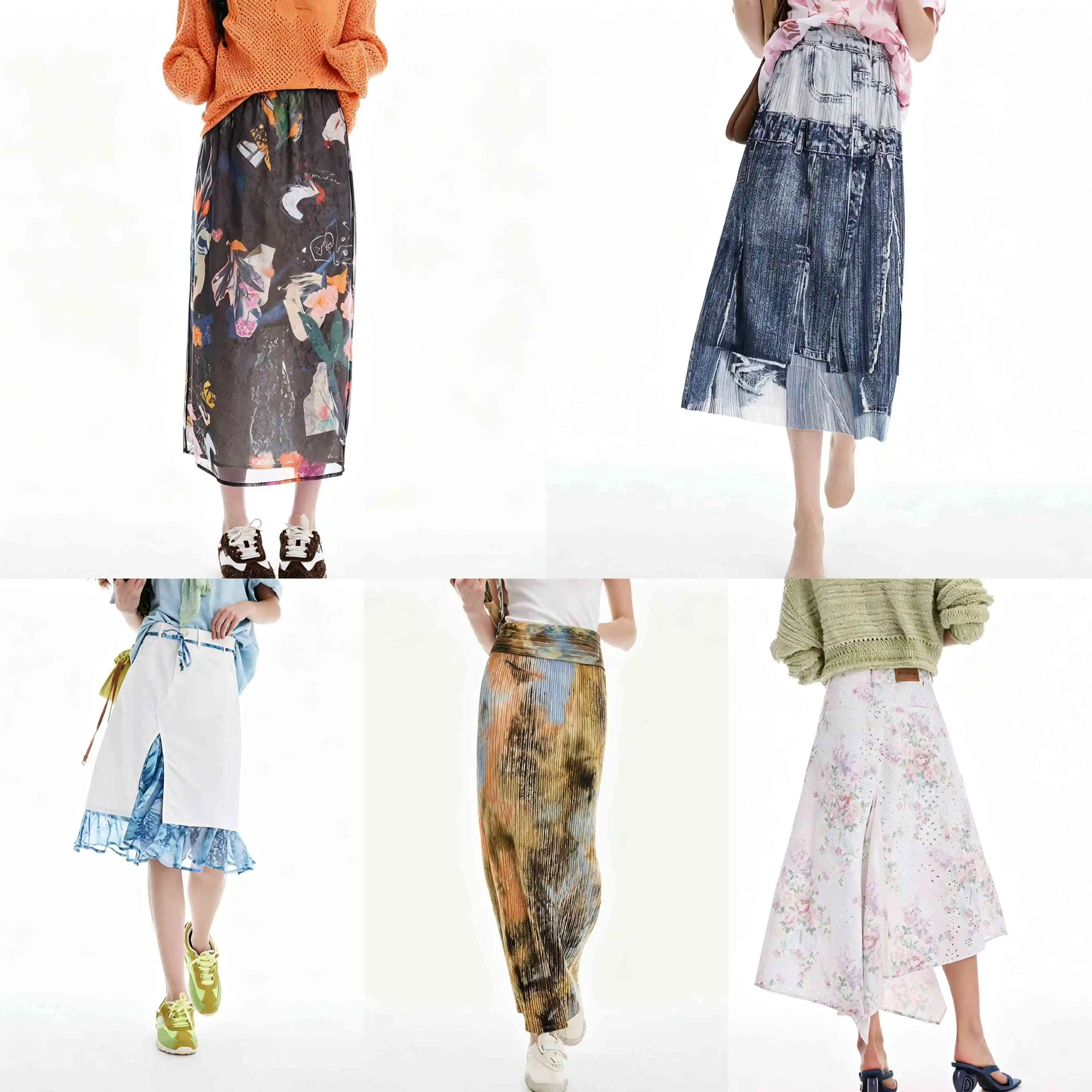 2026 New Spanish Original Single Women's Half length Skirt with Elastic Printing, Embroidered Tie Dyeing Splicing, Light Luxury